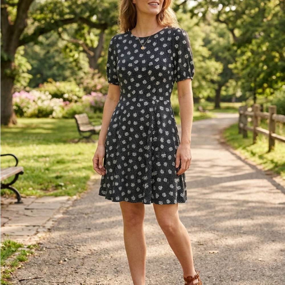 Ann Taylor Black Floral Puff-Sleeve Mini Dress